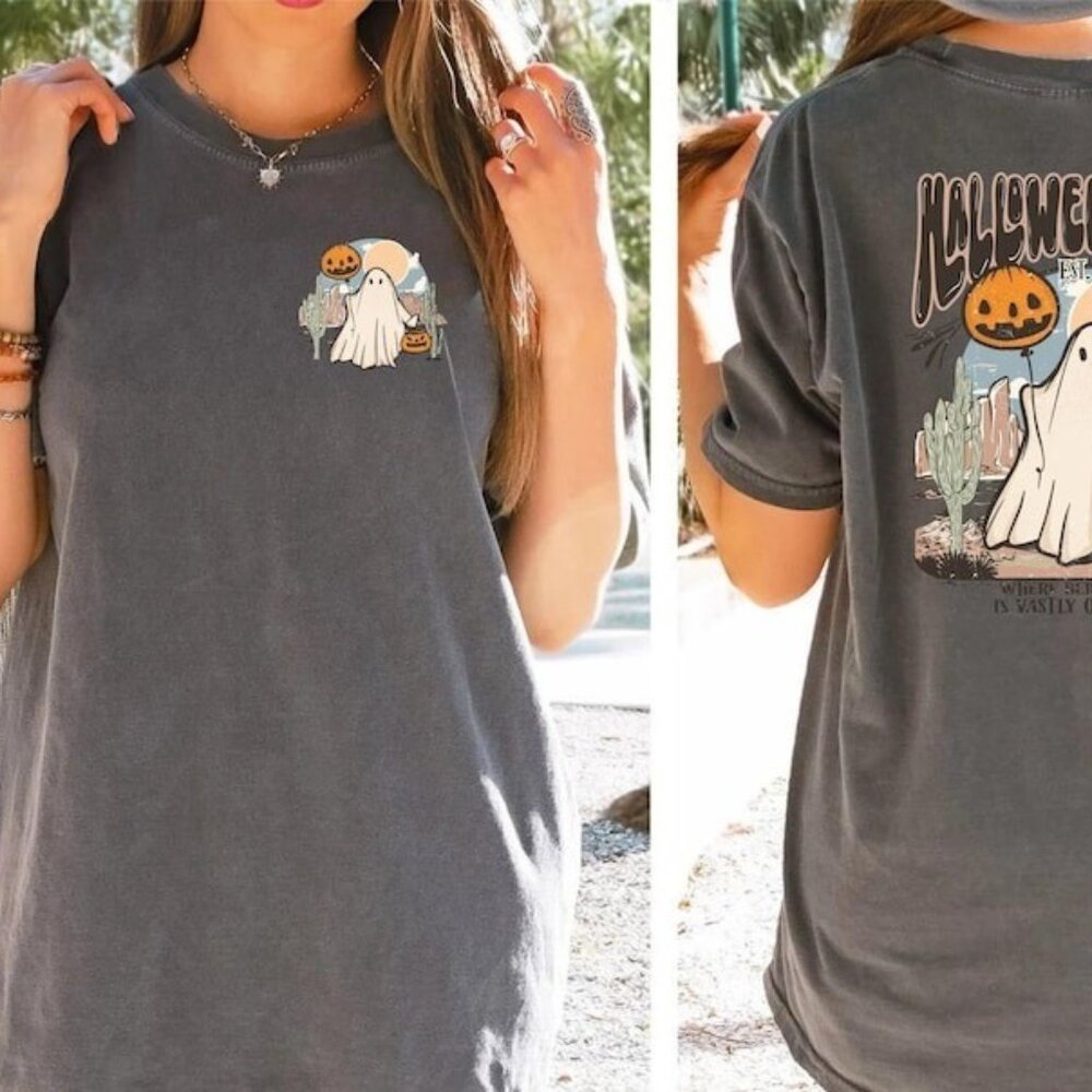 Halloween Ghost Tee, Halloween Pumpkin Shirt, Halloween Vibes Shirts 2 sided - Picture 1 of 5